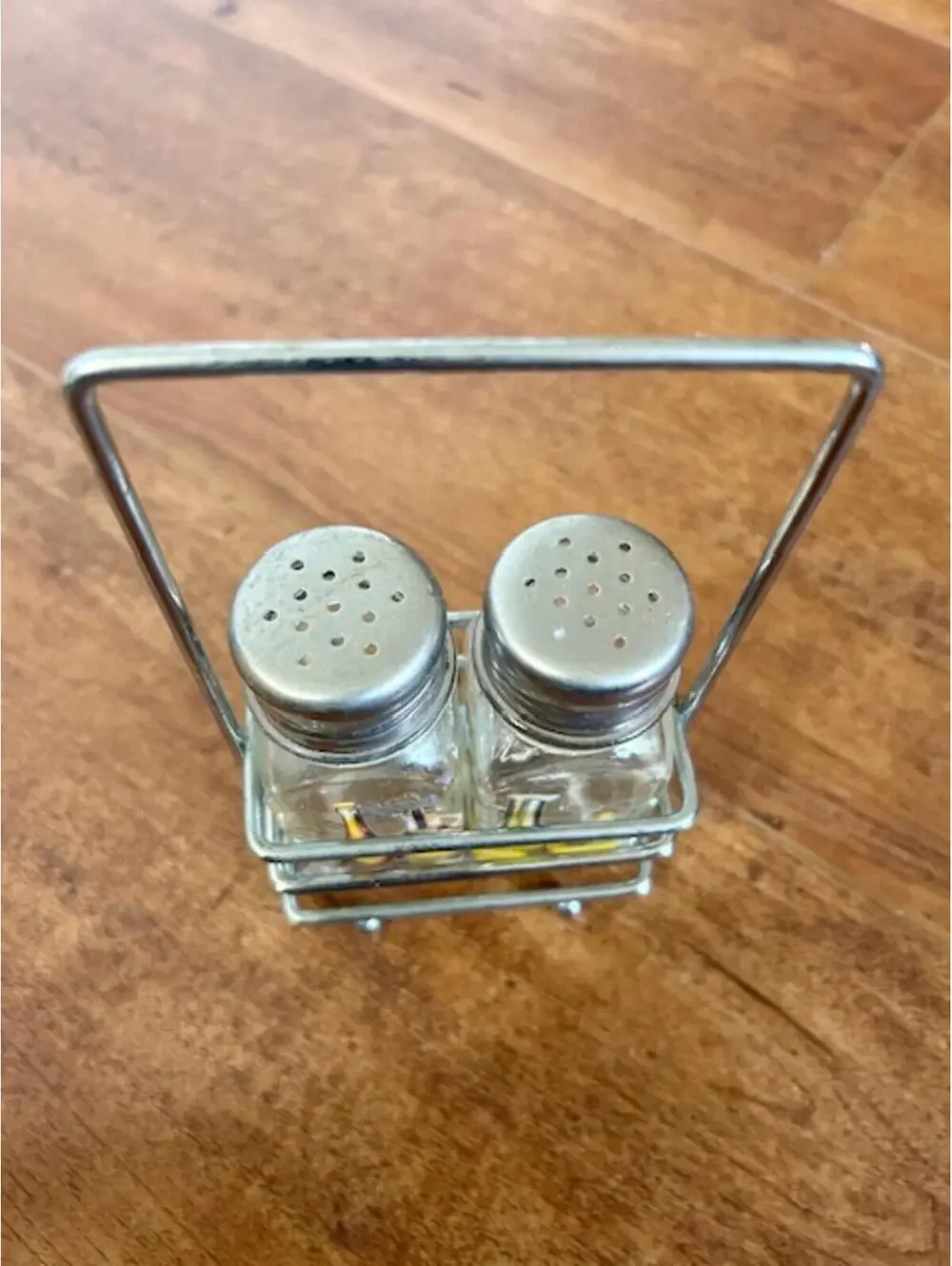 Vintage Glass Salt & Pepper Shakers w Metal Carrier Decorated w Herbs Bottles